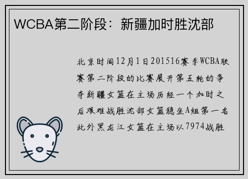 WCBA第二阶段：新疆加时胜沈部